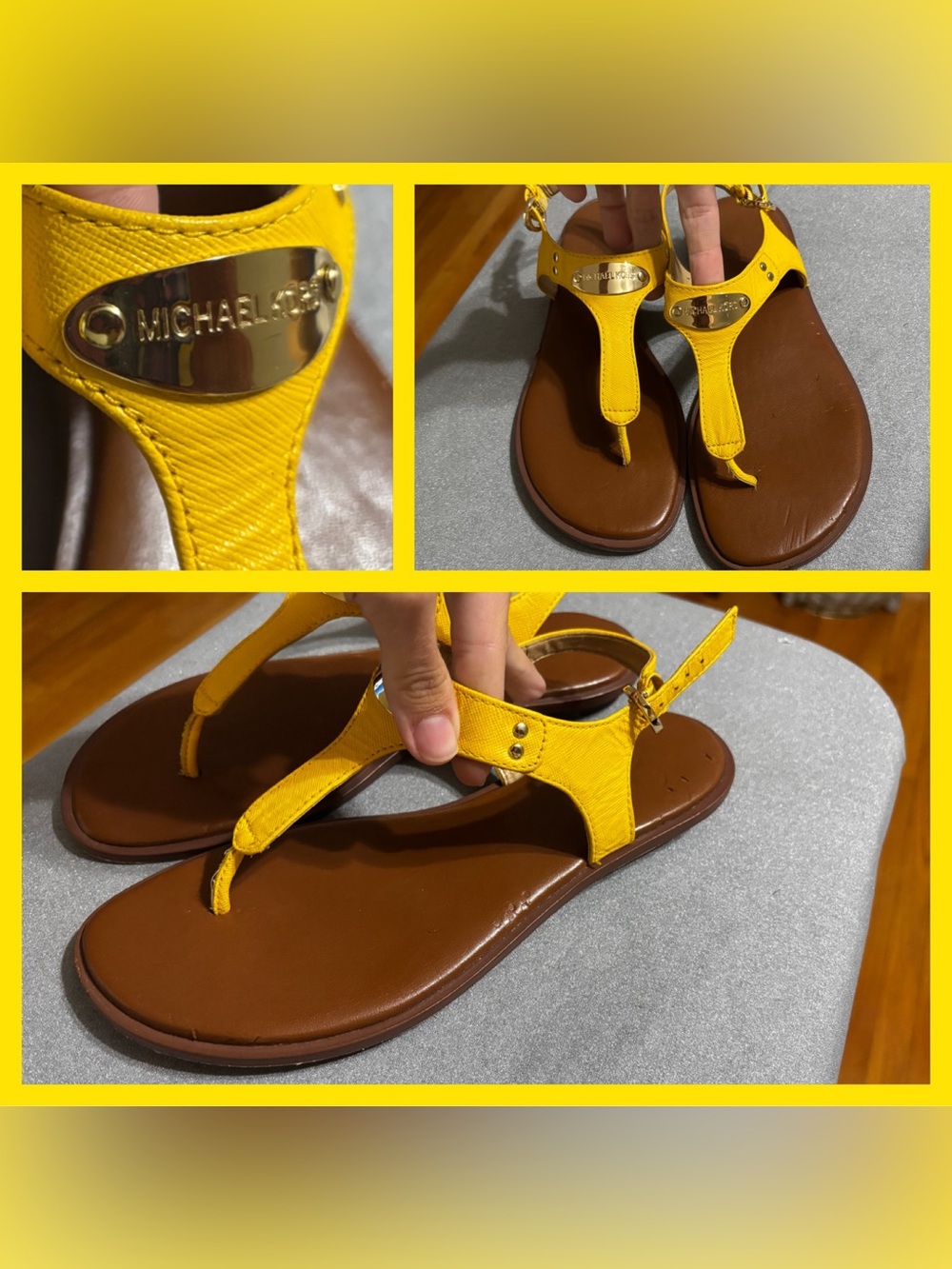 Michael Kors Bright Yellow T-Strap Leather Sandals